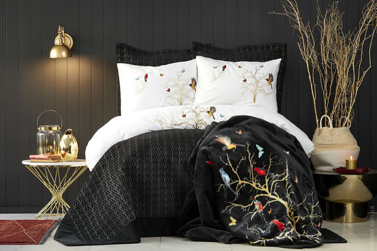 Набор постельное белье с пледом и покрывалом  Karaca Home Grace siyah 2019-2 черный евро