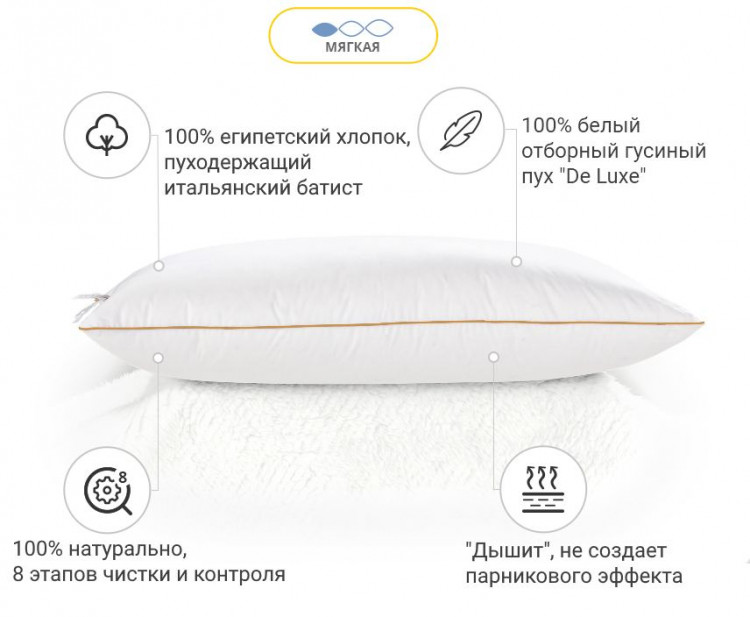 Подушка Mirson пухова DeLuxe біла 50x70 см, №903, м'яка
