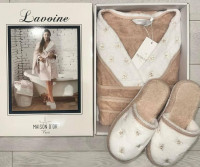 Халат махровый женский Maison D'or Lavoine бежевый короткий (до колена)