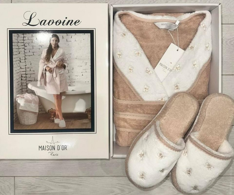 Халат махровый женский Maison D'or Lavoine бежевый короткий (до колена)