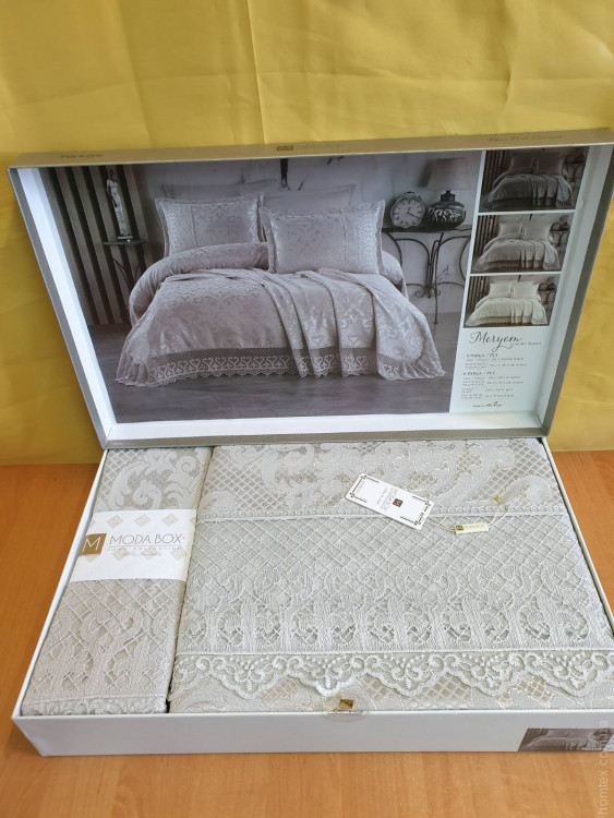 Покривало жакардове з мереживом Moda Box Meryem 240x260 см з наволочками сіре