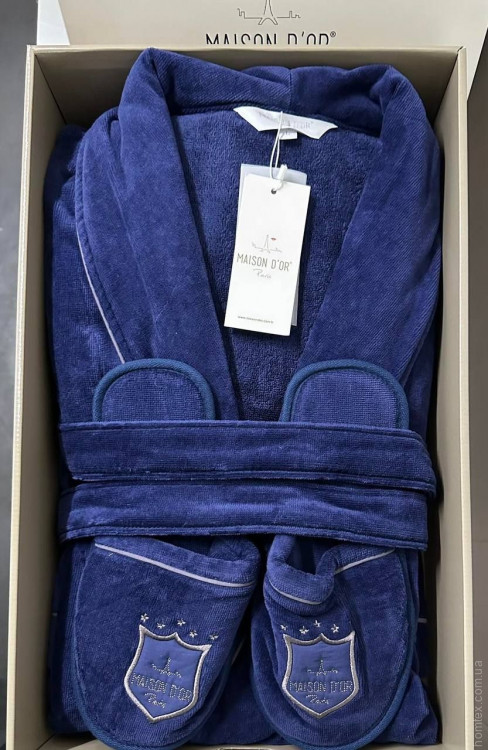 Чоловічий махровий халат + капці Maison Dor Boswell navy синій