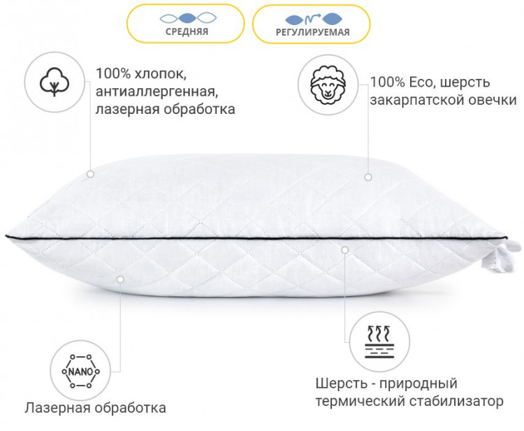 Подушка вовняна Mirson Royal Pearl Premium 50x70 см, №1219, середня