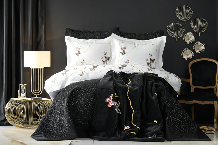 Набор постельное белье с пледом и покрывалом  Karaca Home Unique siyah 2019-2 черный евро