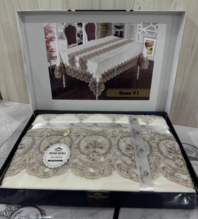 Скатертина лляна з мереживом Maison Royale Nona V1 160x220 см