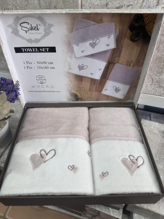 Набор махровых полотенец из 2-х штук Sikel Сердечки 50x90+70x140 см, модель 3 Набор махровых полотенец из 2-х штук Sikel Сердечки 50x90+70x140 см, модель 3