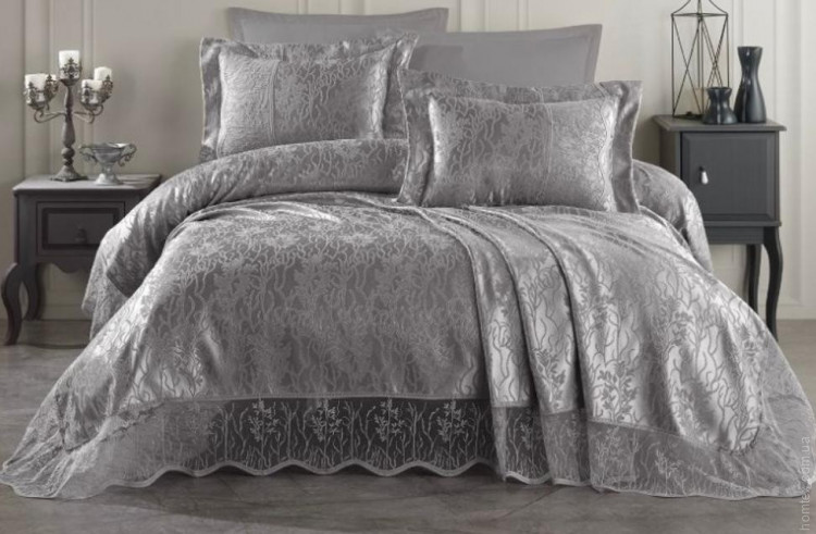 Покрывало жаккардовое с кружевом Moda Box Humeyra 240x260 см с наволочками серое