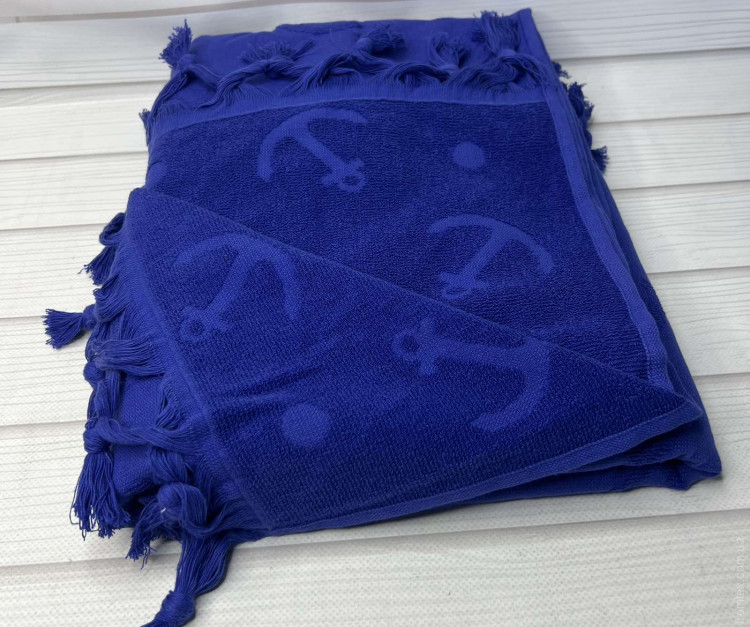Махровое жаккардовое полотенце с бахромой Tivolyo Home 90x180 см темно - синее