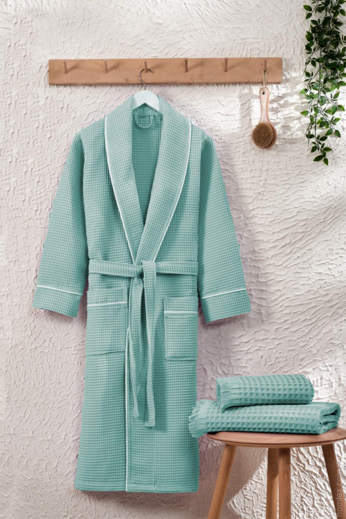 Халат вафельний Zeron жіночий з окантовкою по краях, аквамарин