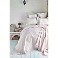 Набор постельное белье с пледом и покрывалом Karaca Home Zilonis pudra 2019-2 пудра евро