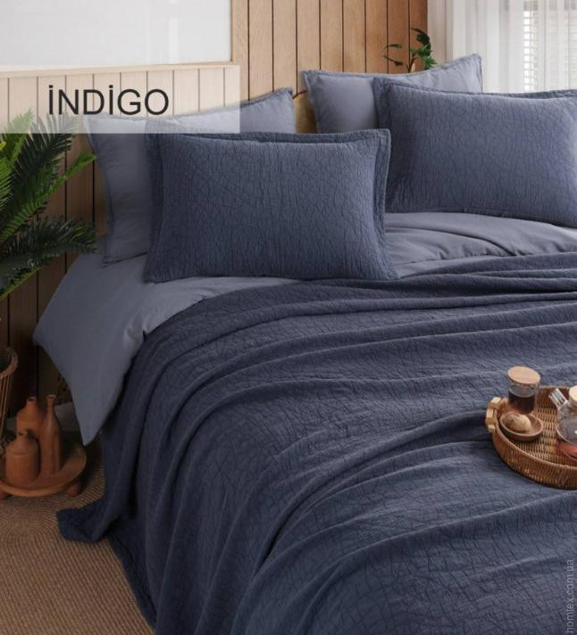 Покривало бавовняне Istanbul Zen Stone Indigo 230x250 см з наволочками 50х70 см 