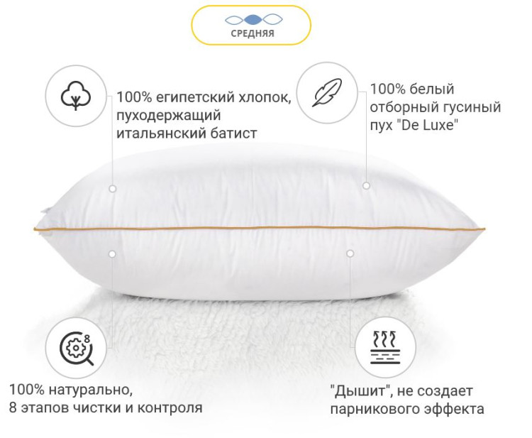 Подушка Mirson пуховая DeLuxe белая 60x60 см, №904, средняя