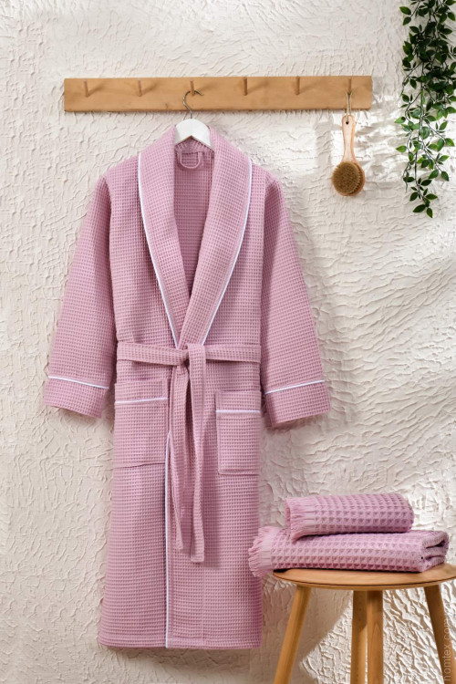 Халат вафельний Zeron жіночий з окантовкою по краях, рожевий