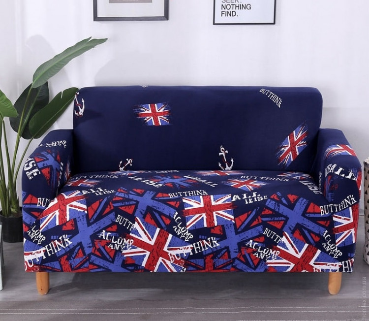 Чехол на двухместный диван HomyTex принт Британия синяя