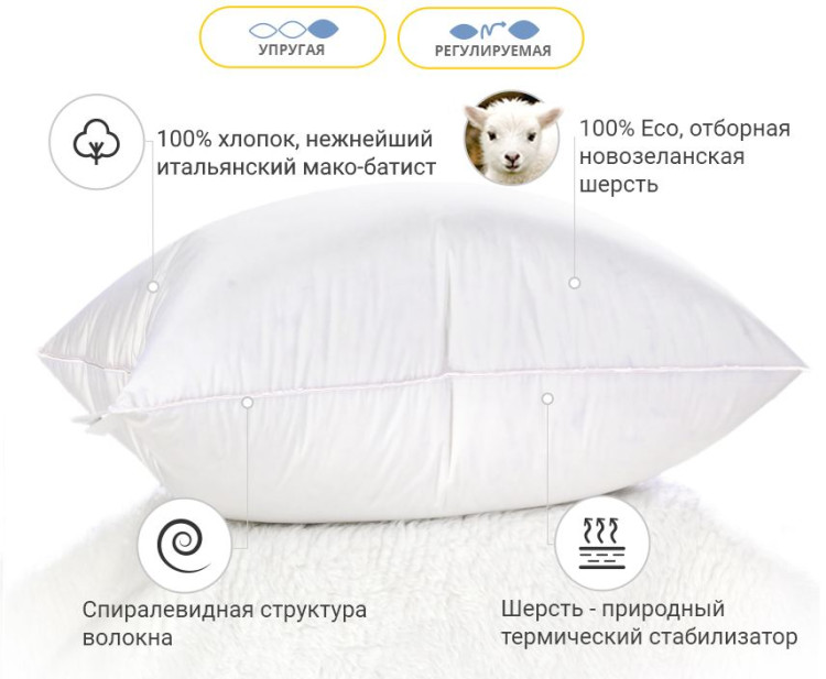 Подушка вовняна Mirson Luxury Exclusive Premium 40x60 см, №1228, пружна