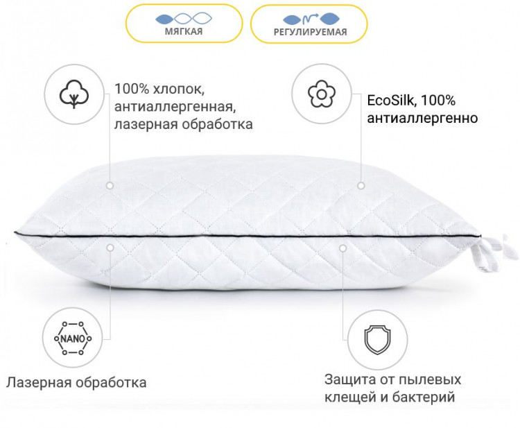 Подушка антиалергенна Mirson Royal Pearl EcoSilk 40x60 см, №1164, м'яка