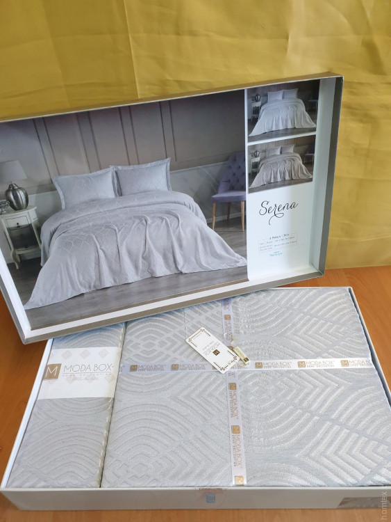 Жакардове покривало Moda Box Serena 240x260 см з наволочками сіре
