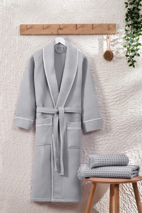 Халат вафельний Zeron чоловічий з окантовкою по краях, світло-сірий