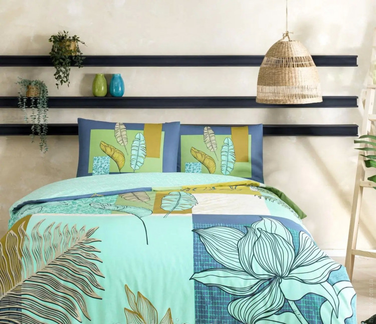 Постільна білизна TAC Ranforce Monstera mint полуторна з простирадлом на гумці Постільна білизна TAC Ranforce Monstera mint полуторна з простирадлом на гумці