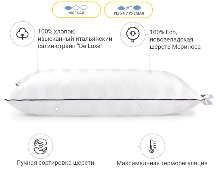 Подушка вовняна Mirson Royal Pearl Hand Made Premium 40x60 см, №1224, м'яка