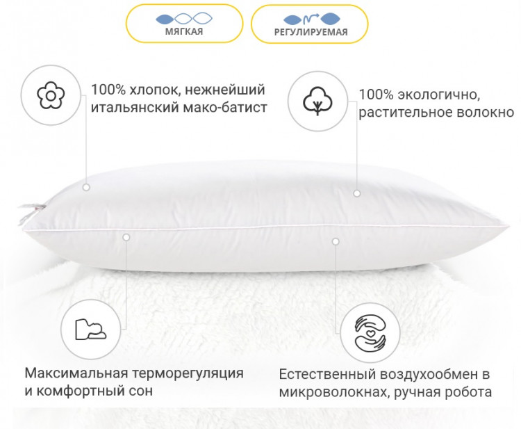 Подушка бавовняна Mirson Luxury Exclusive 50x70 см, №1465 м'яка