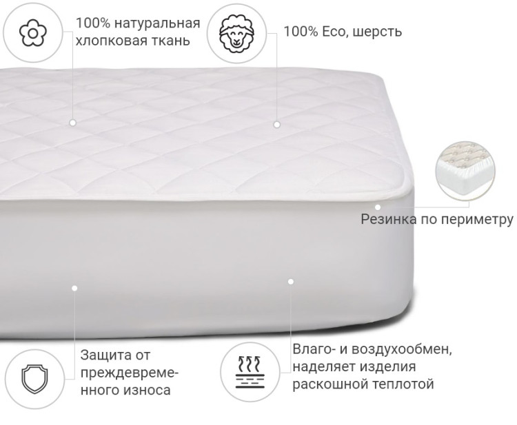 Наматрацник Mirson Natural Line Стандарт Wollen 80x160 см, №957 (звичайний з гумкою по периметру)