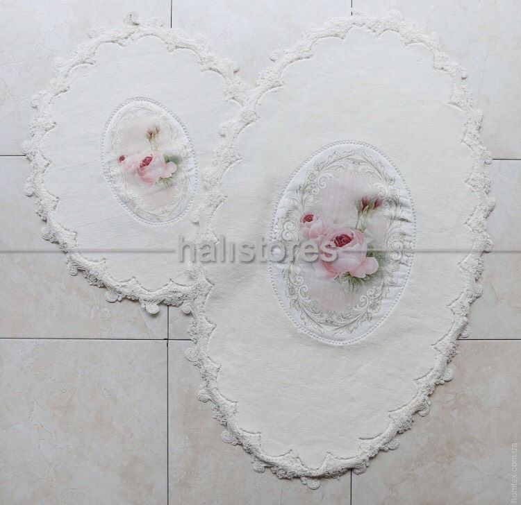 Набор овальных ковриков для ванной Chilai Home с кружевом Inci ekru (70х110 см + 55х35 см)