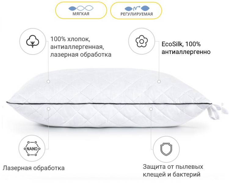 Подушка антиалергенна Mirson Royal Pearl EcoSilk 60x60 см, №1164, м'яка