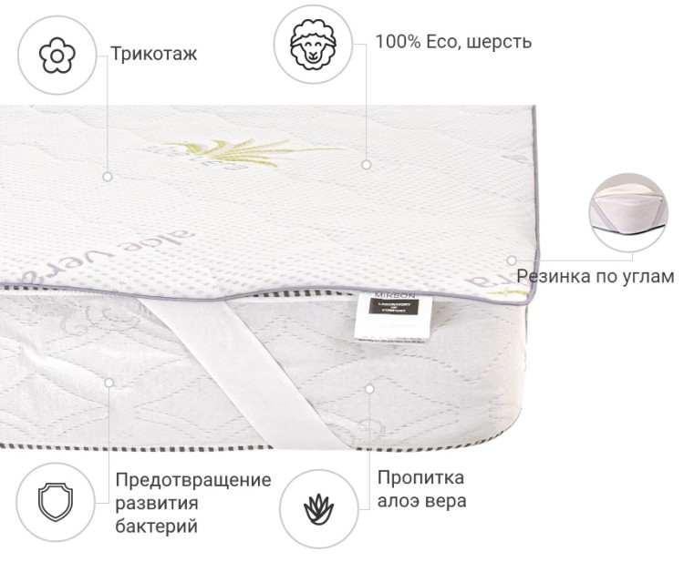 Наматрасник Mirson Alberto Wool Aloe Vera 200x220 см, №1009 (обычный на резинке по углам)
