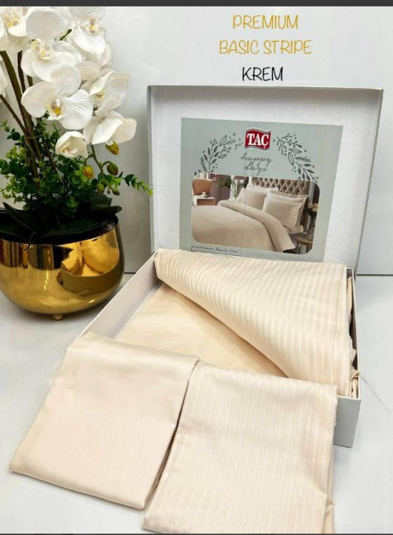 Постільна білизна TAC Premium Basic Crem Stripe сатин євро максі