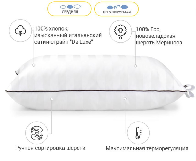 Подушка вовняна Mirson Royal Pearl Hand Made Premium 40x60 см, №1225, середня