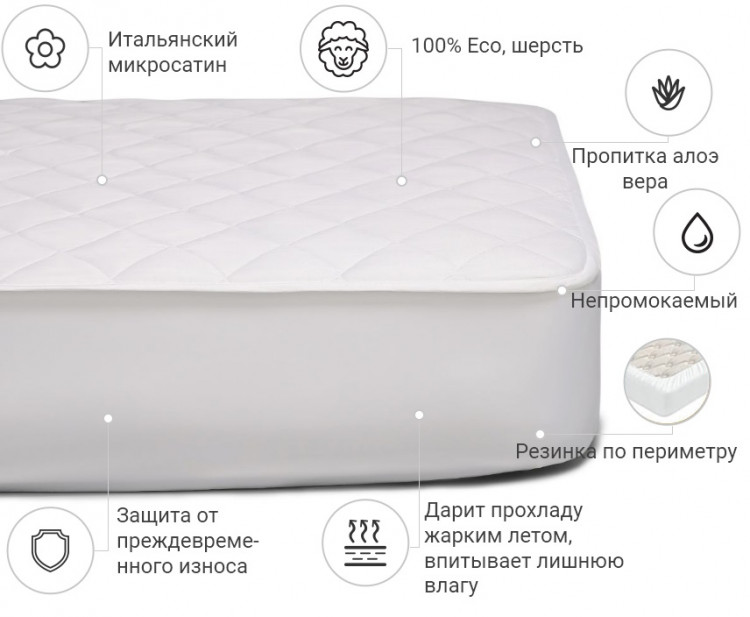 Наматрасник Mirson Стандарт Woollen Aloe Vera 70x130 см, №240 (непромокаемый с резинкой по периметру)