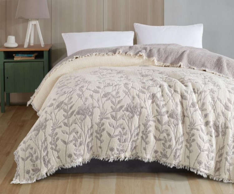 Муслиновое покрывало Moss Home 230x250 см Веточки крем - темный беж