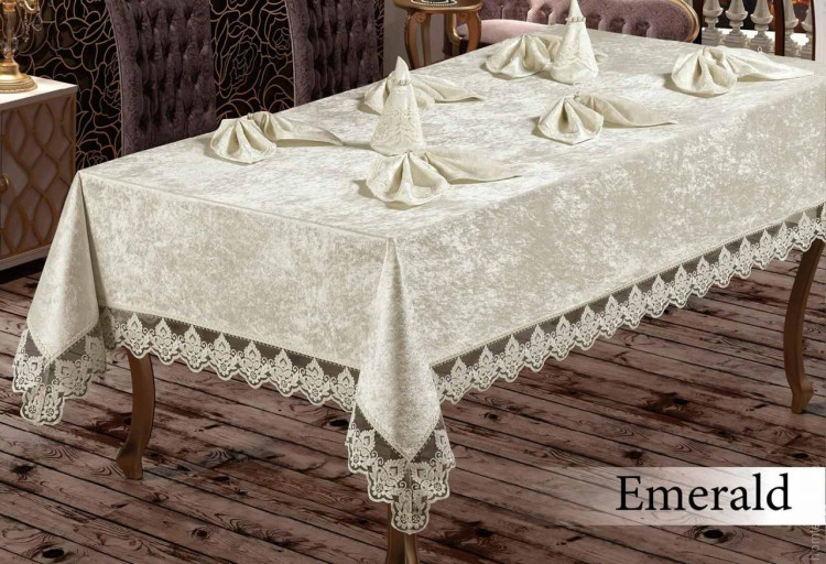 Скатертина велюр-жаккард прямокутна 160х220+8 серветок 35*35  Maison Royale Emerald Cream