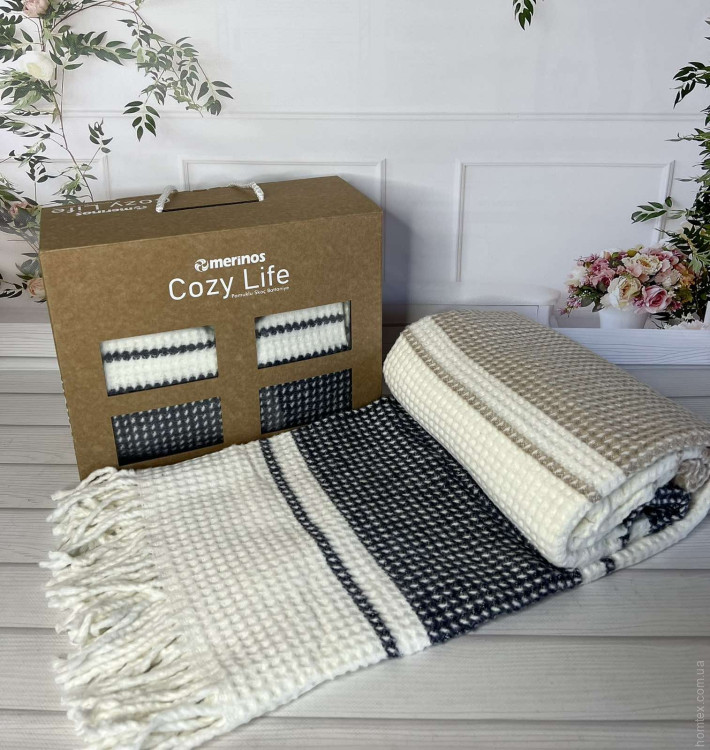 Плед хлопковый Merinos Cozy Life 180x220 см, Blue krem