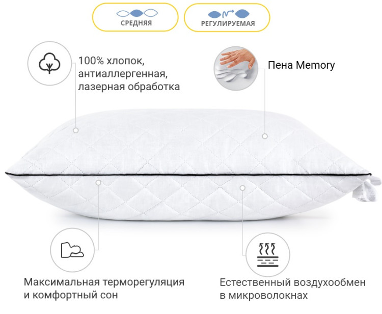Подушка Memory Mirson Royal Pearl 60x60 см, №1487 середня