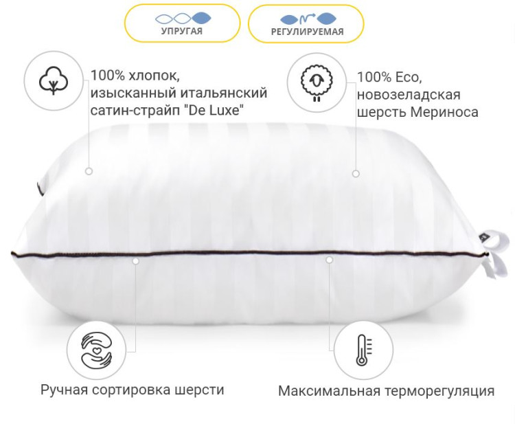 Подушка вовняна Mirson Royal Pearl Hand Made Premium 40x60 см, №926, пружна