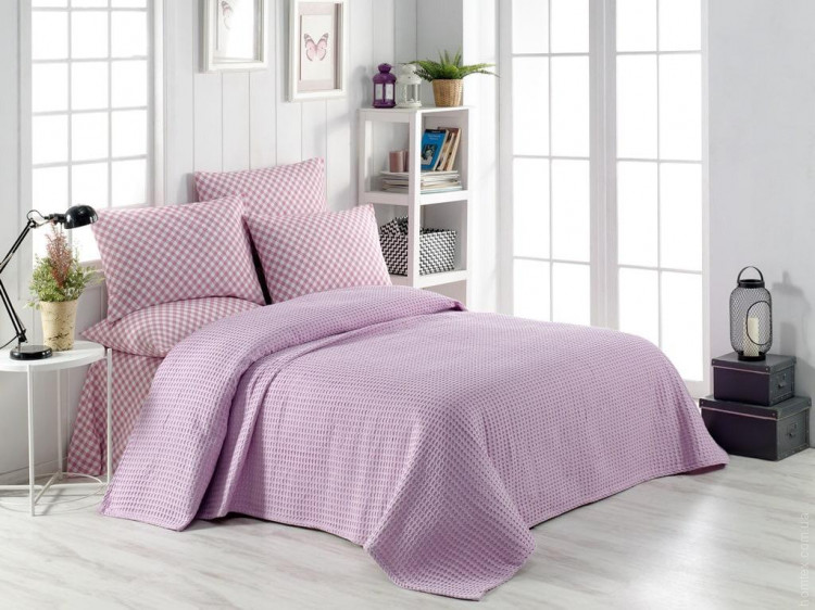 Комплект постельного белья с вафельным покрывалом 220x240 см Pike Set (ТМ Begenal) Розовый квадрат