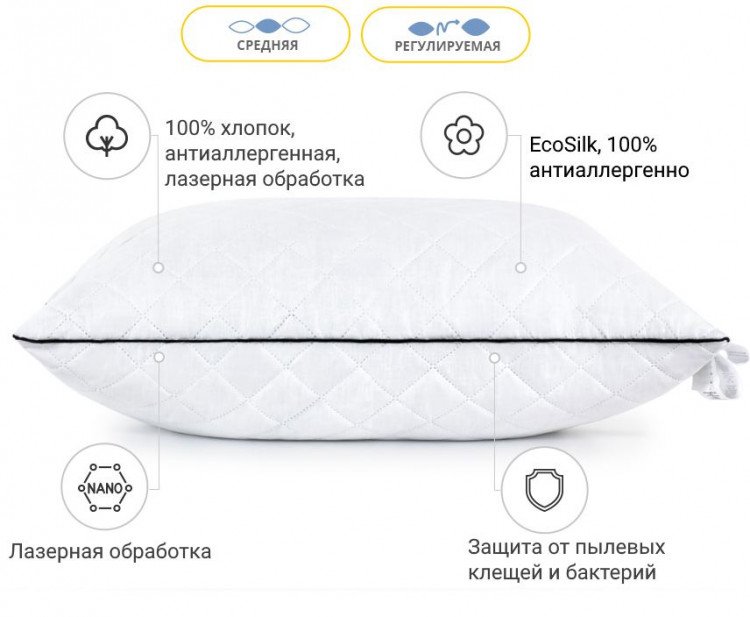 Подушка антиалергенна Mirson Royal Pearl EcoSilk 40x60 см, №1165, середня