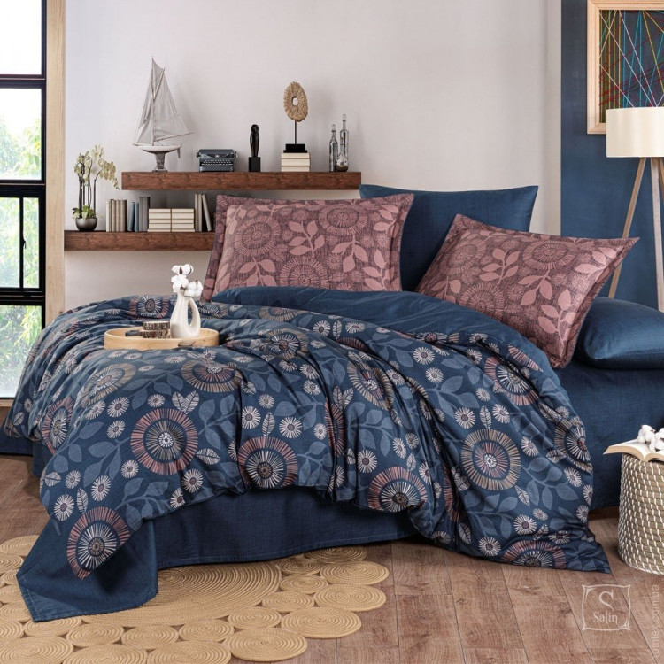 Постельное белье Hobby Premium Sateen Fiorella синий-бронза евро 