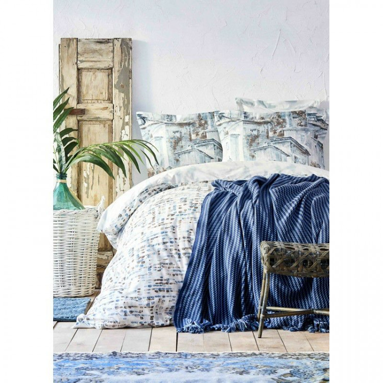 Набор постельное белье с пледом Karaca Home Vella mavi 2020-1 голубой евро
