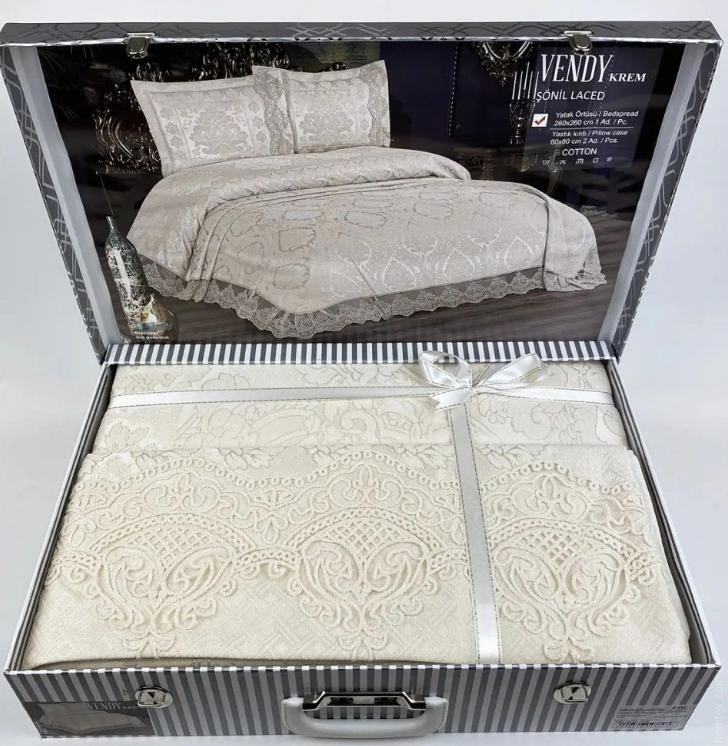Покрывало жаккардовое с кружевом 260x260 см KC Home Vendy Krem