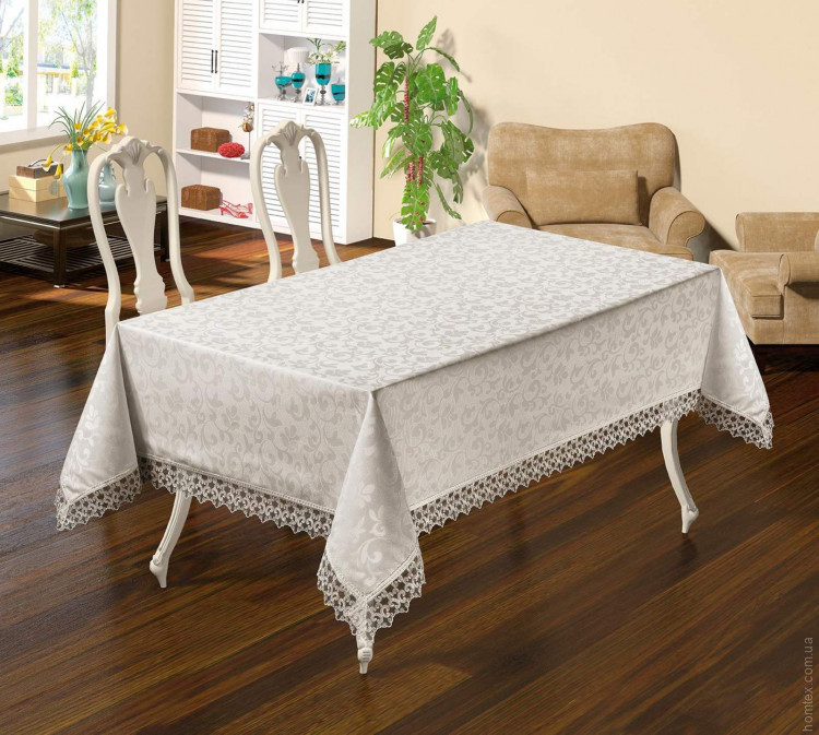 Скатертина Masali Etamin жаккардова 160х220 см бежева з мереживом