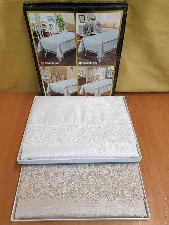 Скатерть Masali Etamin жаккардовая 160х220 см бежевая с кружевом