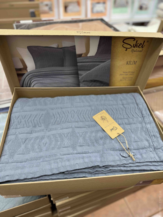 Покрывало хлопковое с наволочками Sikel Kilim серо-голубое 240х260 см с наволочками
