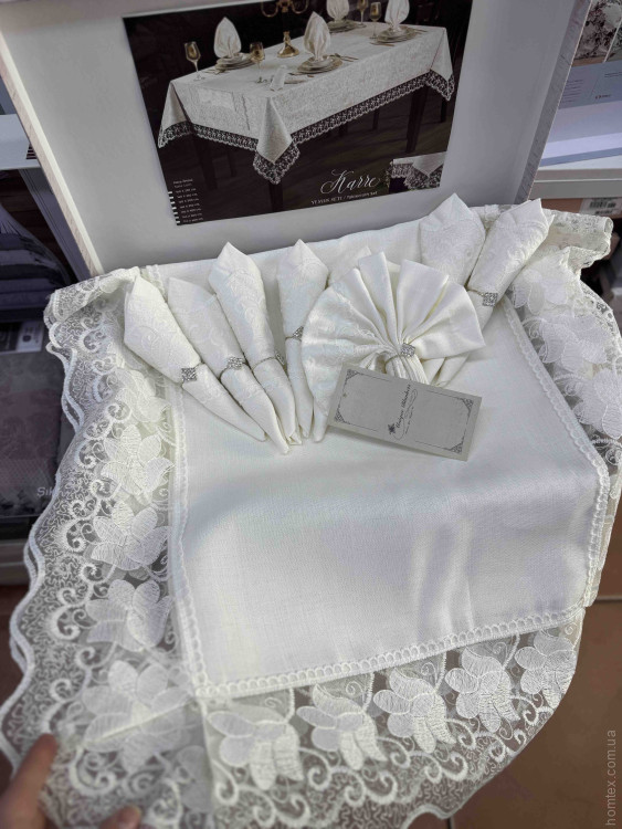 Скатерть с кружевом Kubra Class Karre 160x220 см + раннер + салфетки с кольцами, модель 1 Скатерть с кружевом Kubra Class Karre 160x220 см + раннер + салфетки с кольцами, модель 1