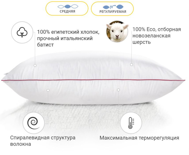 Подушка вовняна Mirson DeLuxe Новозеландська вовна 40x60 см, №128, середня