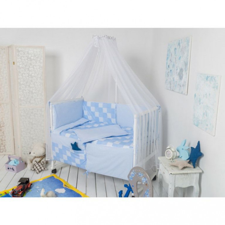 Спальный комплект для детской кроватки Руно "Клеточка" голубая