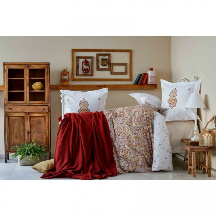 Набор постельное белье с пледом Karaca Home Paula 2019-1 кирпичный евро