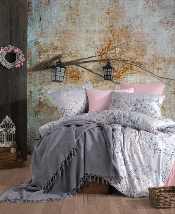 Комплект постельного белья с вафельным покрывалом 220x240 см Pike Set (ТМ New Home) Mina серый с сакурой